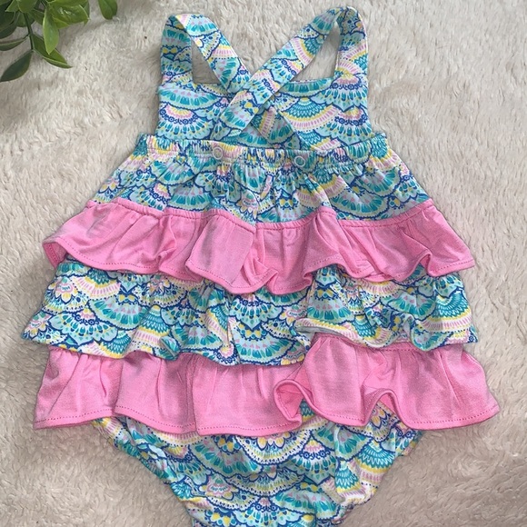 NWT Angel Dear Mermaid Scales Sunsuit Ruffled Romper 0-3M Pink Blue Bamboo - Picture 4 of 9